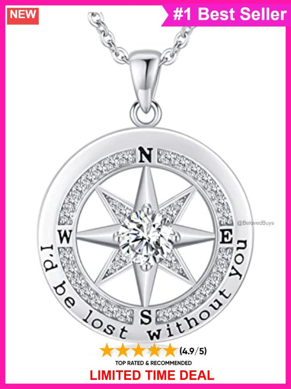 925 Sterling Silver Compass Pendant Necklace Engraved I'd Be Lost Without You
